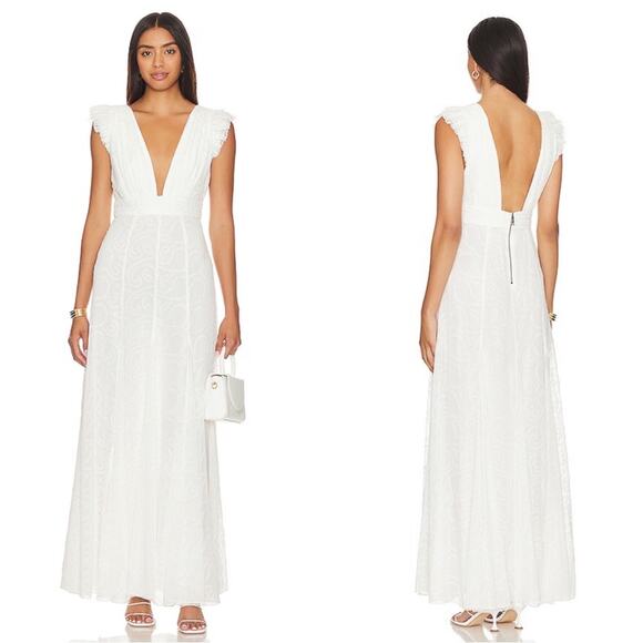 Alice + Olivia Vanna Ruffle Flutter Sleeve Eyelet Embroidered Maxi Dress Size 6 - Picture 3 of 12